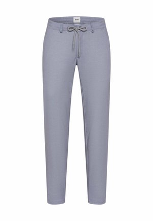 Lichtgrijze slim-fit broek met elastische tailleband en trekkoord, voorzakken en riemlussen, weergegeven op een effen witte achtergrond.