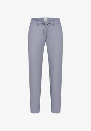 Lichtgrijze slim-fit broek met elastische tailleband en trekkoord, voorzakken en riemlussen, weergegeven op een effen witte achtergrond.