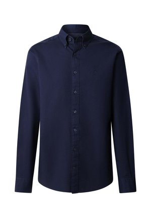 Camicia a maniche lunghe blu navy con colletto button-down, realizzata in misto cotone. Presenta sei bottoni, un logo discreto sul petto e una texture liscia.