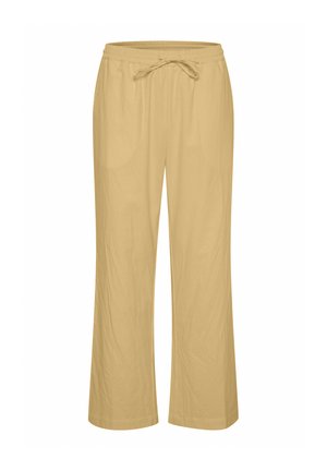 Hellgelbe, lässige Hose mit elastischem Bund und verstellbarem Schnürzug. Glatte Textur, gerade Beine ohne Muster oder Verzierungen.