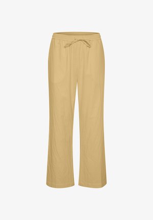Hellgelbe, lässige Hose mit elastischem Bund und verstellbarem Schnürzug. Glatte Textur, gerade Beine ohne Muster oder Verzierungen.