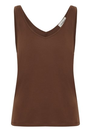 Haut marron sans manches à col en V avec coutures latérales visibles et une petite étiquette de marque blanche sur la couture de l'épaule gauche.