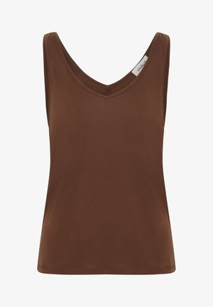 Brązowy bezrękawnik z dekoltem w serek, z widocznymi bocznymi szwami i małą białą metką marki na szwie lewego ramienia.