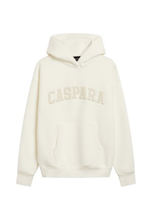 Off-white hættetrøje med frontlomme og hævet "CASPARA"-bogstaver over brystet.
