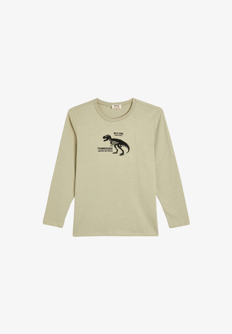 Langärmliges T-Shirt aus leichtem beigen Baumwollstoff mit einem schwarzen Dinosaurier-Graphic und dem Text: "WILDZONE" und "TYRANNOSAURUS, GEFÄHRLICH UND MÄCHTIG."