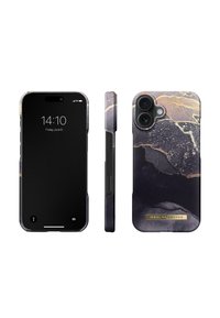 Phone case featuring a dark, marbled design with gold accents. Smooth texture, snug fit, and showcases camera cutout and buttons.