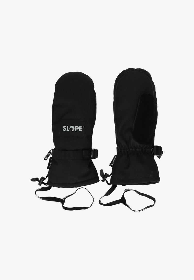 Schwarze wasserdichte Handschuhe mit verstellbaren Handgelenksriemen und SLOPE-Branding. Glatte Außenseite mit isoliertem Futter für Wärme.