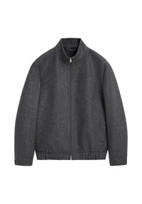 Graue Jacke aus Wollmischung mit hohem Kragen, Frontreißverschluss und elastischem Saum. Verfügt über eine glatte Textur und minimalistisches Design, ohne sichtbare Muster.