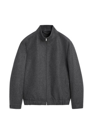 Giacca grigia in misto lana con collo alto, cerniera frontale e orlo elastico. Presenta una texture liscia e un design minimalista, senza motivi visibili.