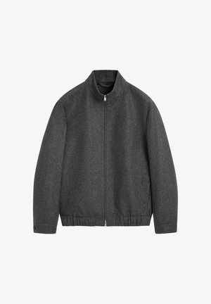 Giacca grigia in misto lana con collo alto, cerniera frontale e orlo elastico. Presenta una texture liscia e un design minimalista, senza motivi visibili.