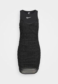 Svart ärmlös klänning med figursydd passform, geometriskt mönster, mesh-nederkant och vit Nike-logotype på bröstet.