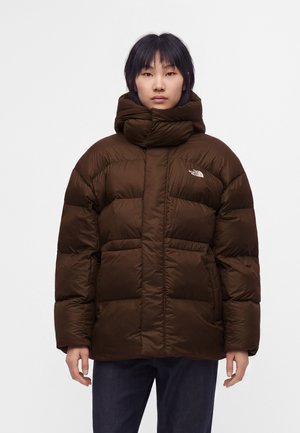 Човек, носещ кафяво подплатено яке North Face с висока яка, стои пред обикновен светъл фон.