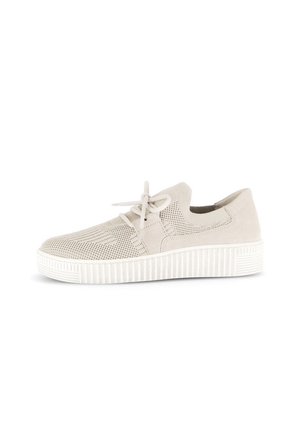 Beige sneaker with a mesh upper and suede accents. Features a round toe, lace-up design, and a white rubber sole with textured detailing.