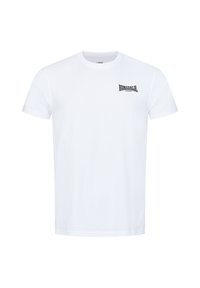 Camiseta de algodón blanca con mangas cortas, cuello redondo y un pequeño logo negro de "Lonsdale London" en el área del pecho izquierdo.