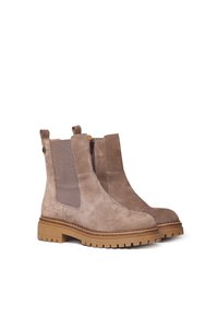 Pruunist nahast pahkluu saapad, millel on elastsed külgpaneelid, tõmblukk ja robustne beež tald. Tald on kaunistatud õmblustega, mis lisavad tekstuuri.