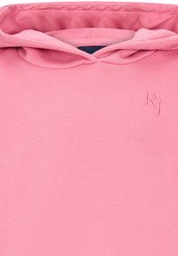 Felpa rosa con un piccolo logo ricamato "RJ" sul lato superiore destro del petto e un cappuccio ripiegato.
