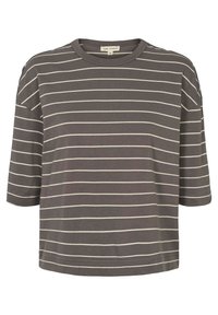 T-shirt grigio a maniche corte con strisce orizzontali bianche, scollatura rotonda e vestibilità comoda. Realizzato in un tessuto leggero e liscio.