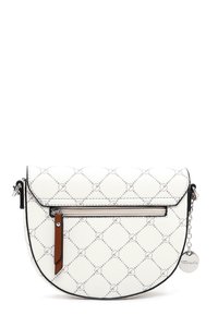 Borsa a tracolla in morbida pelle sintetica bianca con design a motivi, hardware in argento, tasca anteriore con zip e accentuazione in catena. Forma rotonda, dimensioni compatte.