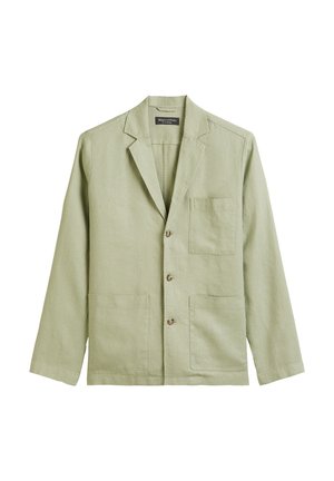 Veste en lin vert clair avec un col cranté, cinq boutons, une poche poitrine et deux poches avant. Coupe décontractée avec des manches longues.