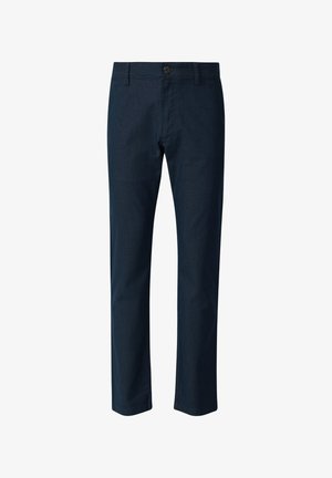 Pantaloni blu navy realizzati in un tessuto morbido, con chiusura a bottone, gambe dritte e un design minimalista senza motivi visibili.