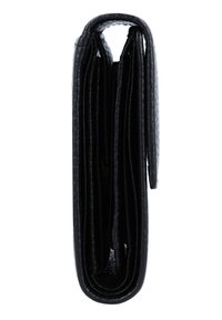 Portafoglio in pelle nera con superficie testurizzata, design a pieghevole e molteplici scomparti. Presenta una finitura liscia e un profilo sottile.