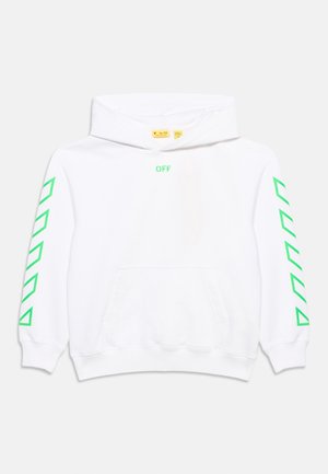 Felpa bianca con cappuccio con forme geometriche verde neon sulle maniche e la parola "OFF" in verde centrata sotto la scollatura.