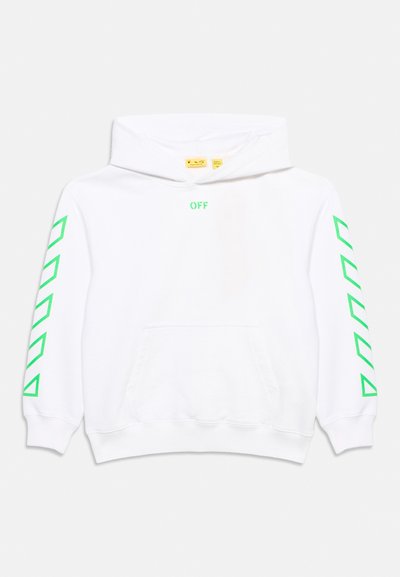Λευκό φούτερ με κουκούλα, με νεον πράσινα γεωμετρικά σχήματα στα μανίκια και τη λέξη "OFF" σε πράσινο στο κέντρο κάτω από τη λαιμόκοψη.