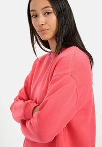 Rosa Sweatshirt mit Rundhalsausschnitt, langen Ärmeln und gerippten Bündchen. Weicher Stoff mit Nahtdetails an den Schultern.