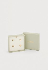 Σκουλαρίκια σε χρυσό τόνο μέσα σε πράσινο κουτί με δύο σχέδια: ένα στρογγυλό καρφί με κρύσταλλο και ένα σχήμα καρδιάς με κεντρικό κενό.