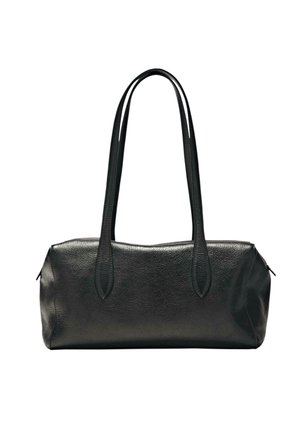 Schwarze rechteckige Lederhandtasche mit zwei langen Schulterriemen und einem Reißverschluss an der Oberseite.