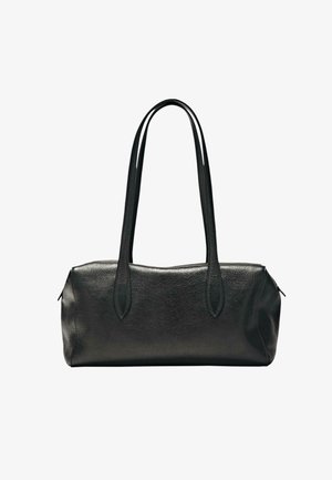 Borsa rettangolare nera in pelle con due lunghe tracolle e chiusura superiore con cerniera.