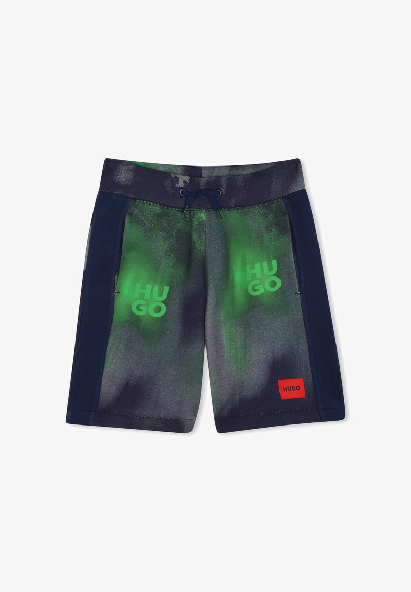 Hugo merk shorts in marineblauw met een groen en grijs abstract patroon, met een verstelbare trekkoord en een rood logo label.