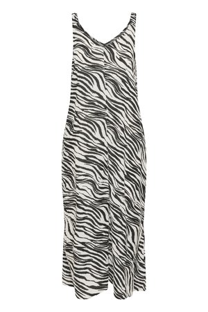 Robe sans manches à imprimé zèbre noir et blanc, avec un décolleté en V et une silhouette droite, confectionnée dans un tissu léger.