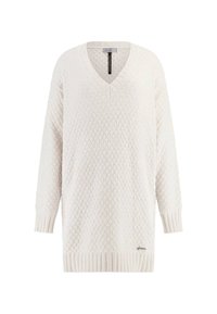 Witte V-hals trui met een gestructureerd ruitpatroon, geribbelde manchetten en onderrand, losse pasvorm en een klein logo-accent nabij de onderkant.