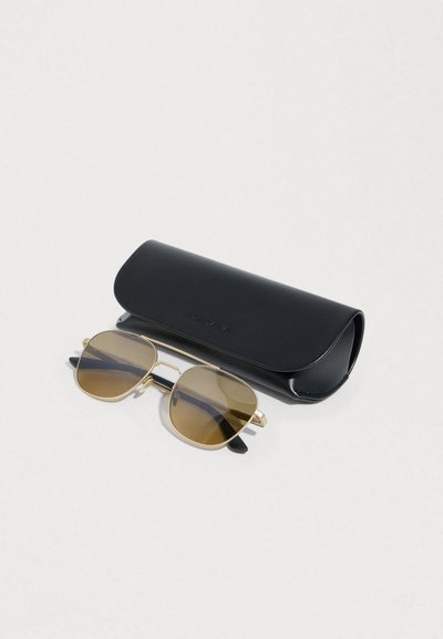 Γυαλιά ηλίου με μεταλλικό χρυσό πλαίσιο και καφέ φακούς, ορθογώνιο σχήμα, τοποθετημένα δίπλα σε μαύρη θήκη από δέρμα με λείο φινίρισμα.