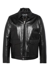 Veste en cuir noir à texture lisse, dotée d'un col à pointes, d'une fermeture éclair et de deux poches à rabat à l'avant. Logos visibles à l'intérieur.