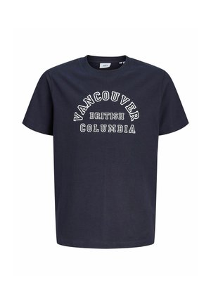 T-shirt bleu marine à col rond avec texte blanc "Vancouver British Columbia" en caractères gras de style universitaire sur le devant.