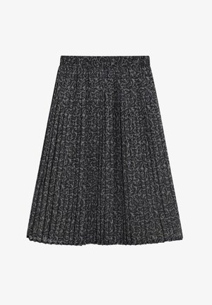 Jupe plissée en tissu dans des nuances de gris, arborant un motif paisley. Taille élastique, design mi-long avec une texture lisse.