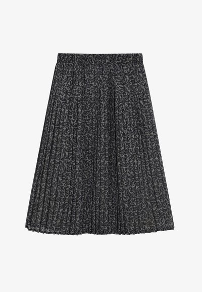 Plissérok van stof in grijstinten, met een paisleypatroon. Rekbare tailleband, knielange uitvoering met een gladde textuur.