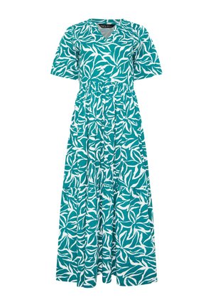 Turquoise- en witbladerenpatroon maxi-jurk met korte mouwen, V-hals en geplooide taille.