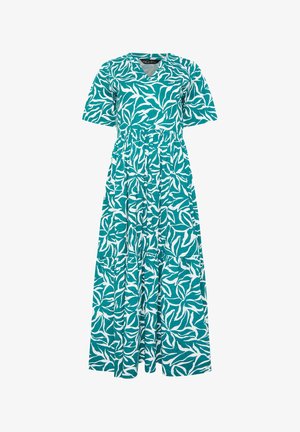 Vestido largo de manga corta con patrón de hojas en color verde azulado y blanco, escote en V y cintura fruncida.