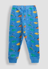 Dětské legíny z modré bavlněné látky s barevnými vzory dinosaurů v zelené, oranžové a žluté barvě, s elastickým pasem a manžetami.