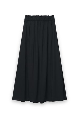 Jupe midi noire avec taille élastique froncée et tissu fluide, conçue pour un port décontracté ou semi-formel.