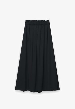 Jupe midi noire avec taille élastique froncée et tissu fluide, conçue pour un port décontracté ou semi-formel.