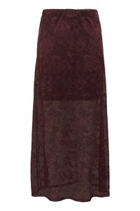 Bordeaux blonde maxi-skjørt med blomstermønster, gjennomsiktig nedre del og elastisk midjebånd. Mykt, teksturert stoff.
