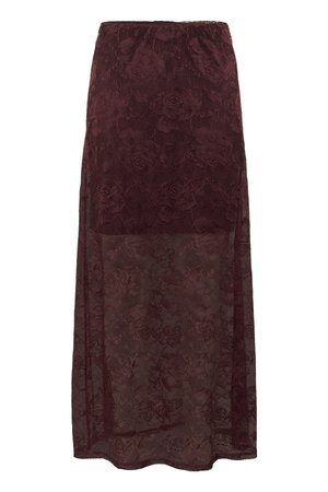 Burgundy lace maxi skirt with floral patterns, sheer lower section, and an elastic waistband. Soft, textured fabric.