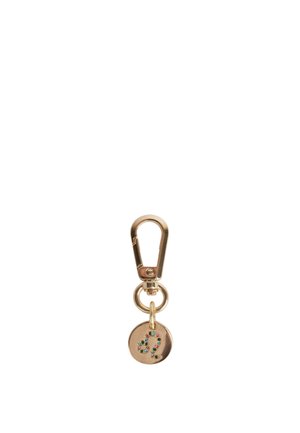 Portachiavi in oro con un ciondolo rotondo che presenta un simbolo zodiacale Leone tempestato di pietre preziose colorate e un gancio apribile a molla.