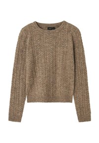Pull en tricot marron avec un col rond à côtes, présentant un motif texturé et des manches longues, terminé par un ourlet à côtes.