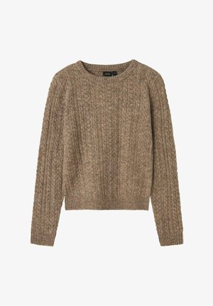 Pruun soonikkoorega sviiter, millel on soonikserv ja tekstuuriga muster ning pikad varrukad, lõpetatud soonikkoes äärisega.