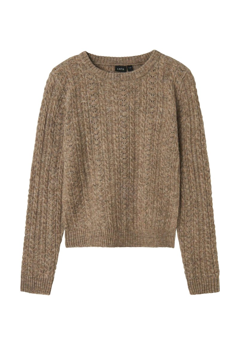 Pull en tricot marron avec un col rond à côtes, présentant un motif texturé et des manches longues, terminé par un ourlet à côtes.